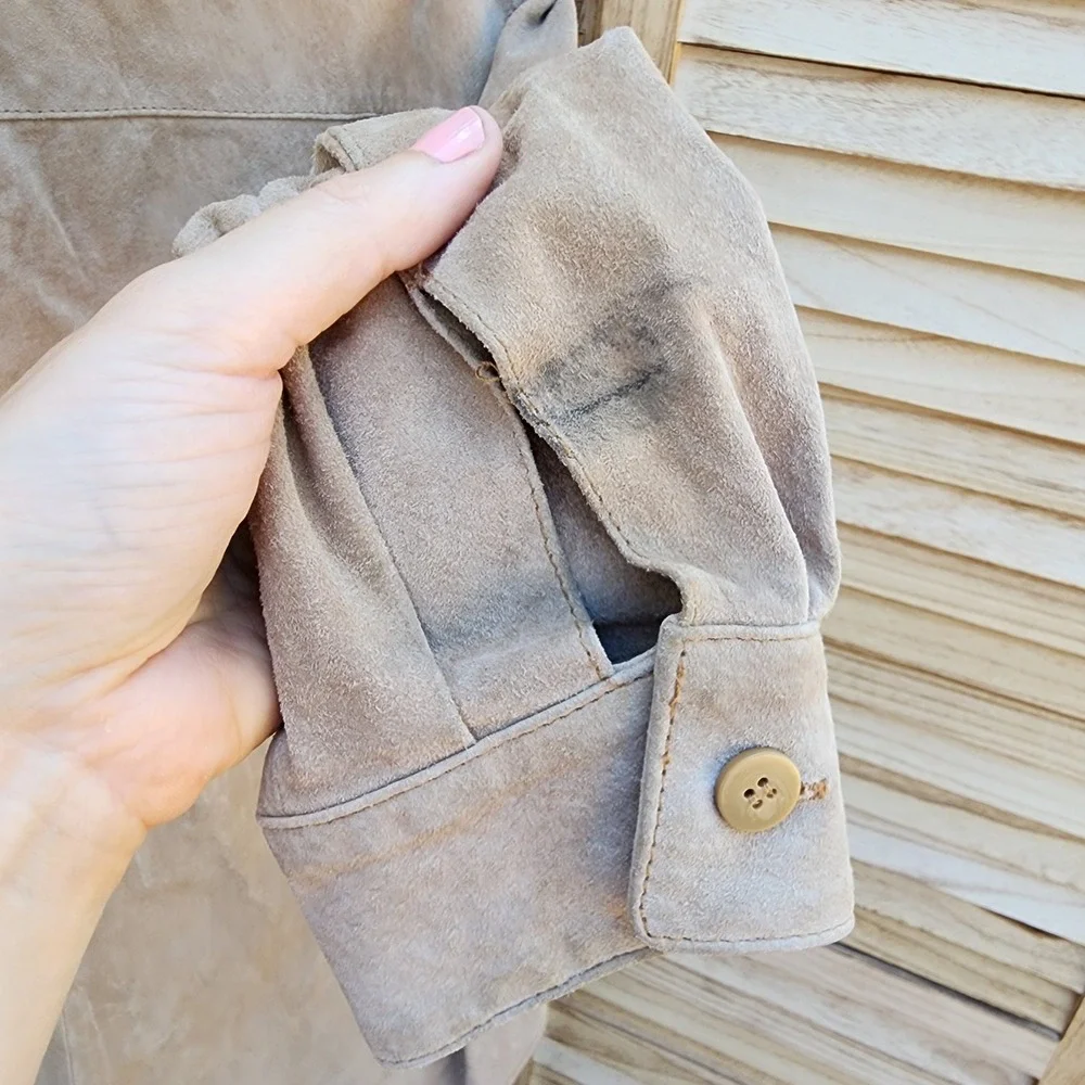 New Frontier Large Tan 100% Suede Leather Shirt Jacket Western Boho Minimalist